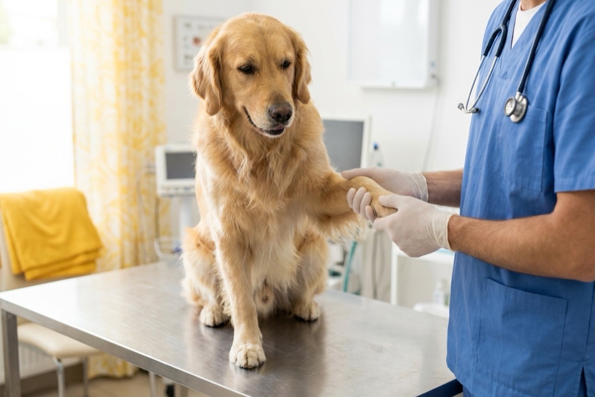 Spokojny golden retriever na stole zabiegowym, dłonie lekarza trzymają jego łapę
